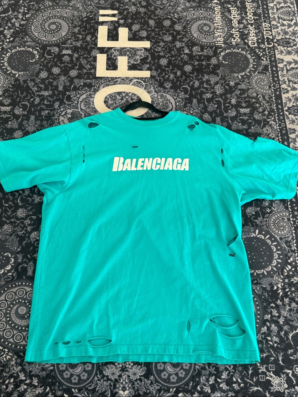 Balenciaga Teal Distressed Logo Tee with White Print